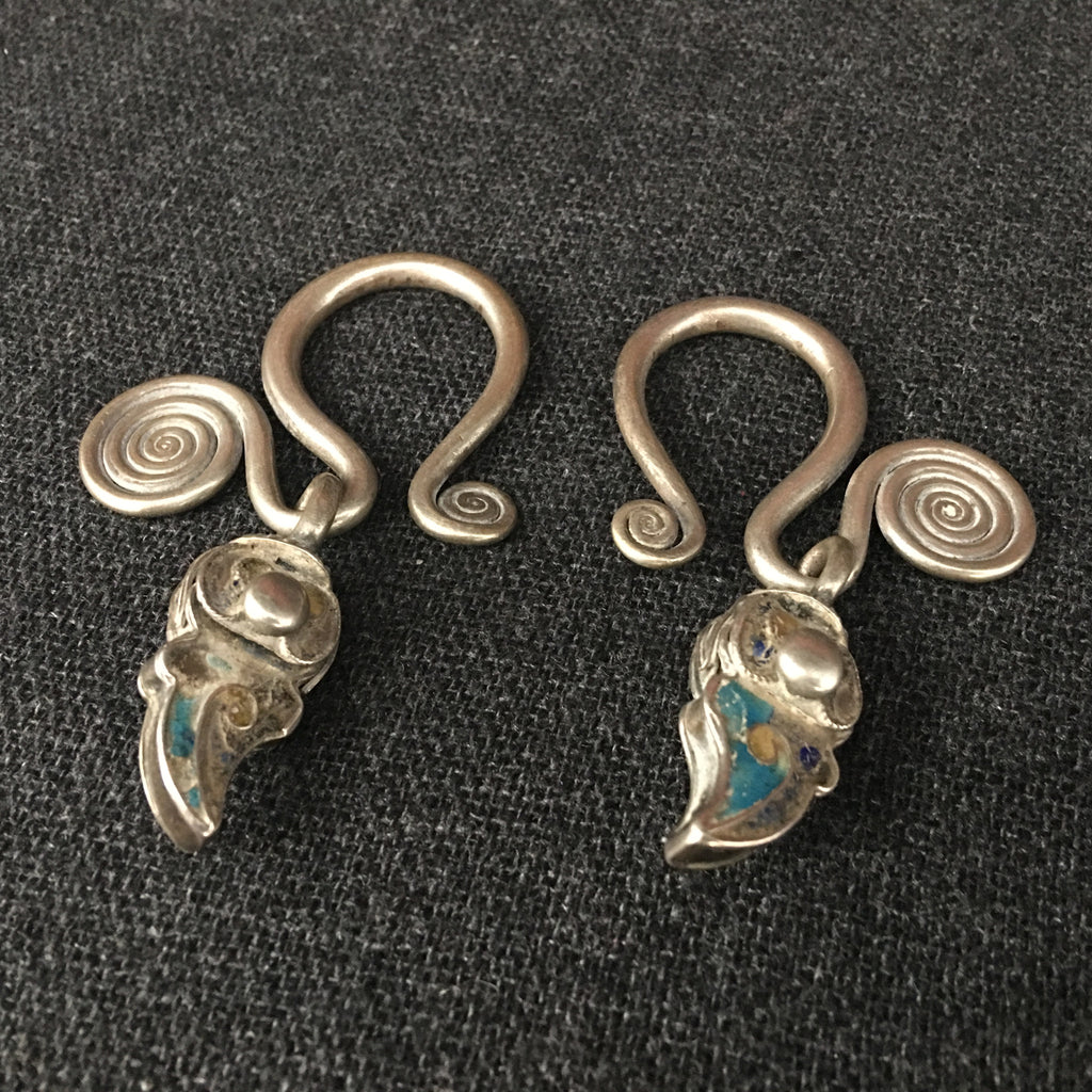 Antique Himalayan Tibetan Silver Earrings at Mahakala Fine Arts