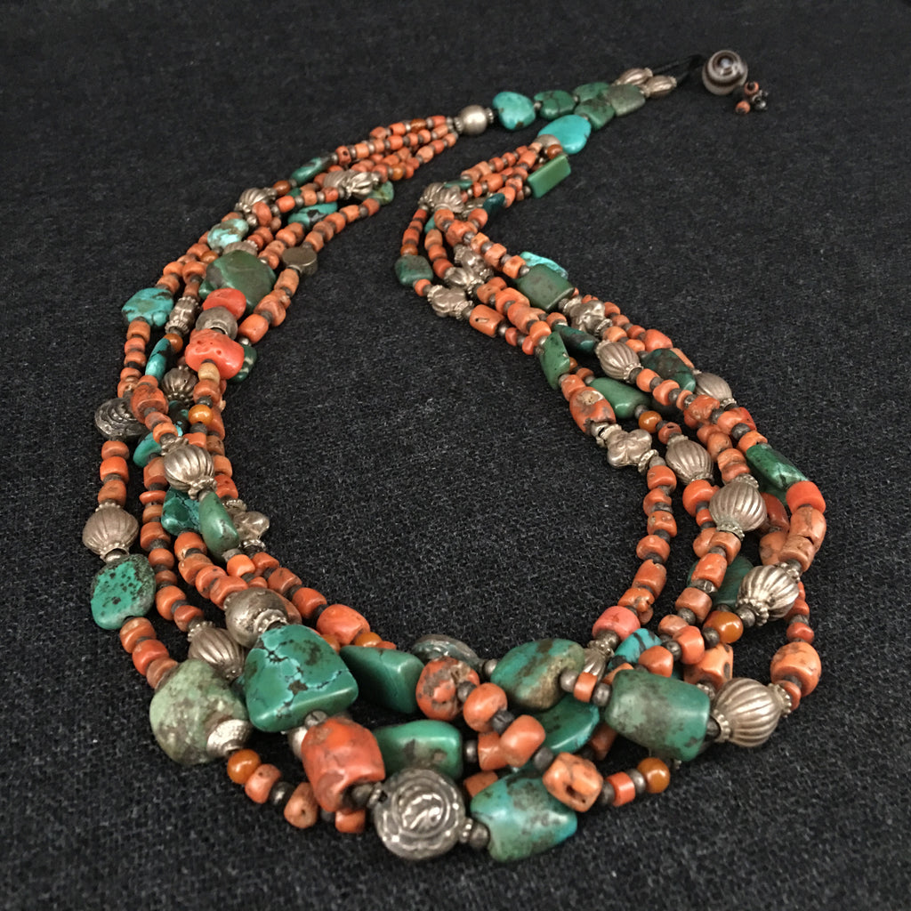 Antique Handmade Tibetan Himalayan Coral and Turquoise Necklace Jewelry at Mahakala Fine Arts