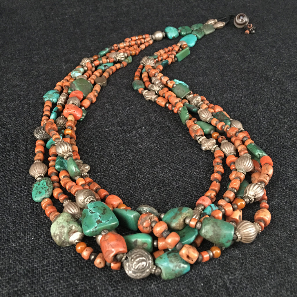 Handmade Tibetan Himalayan Coral and Turquoise Necklace Jewelry at Mahakala Fine Arts