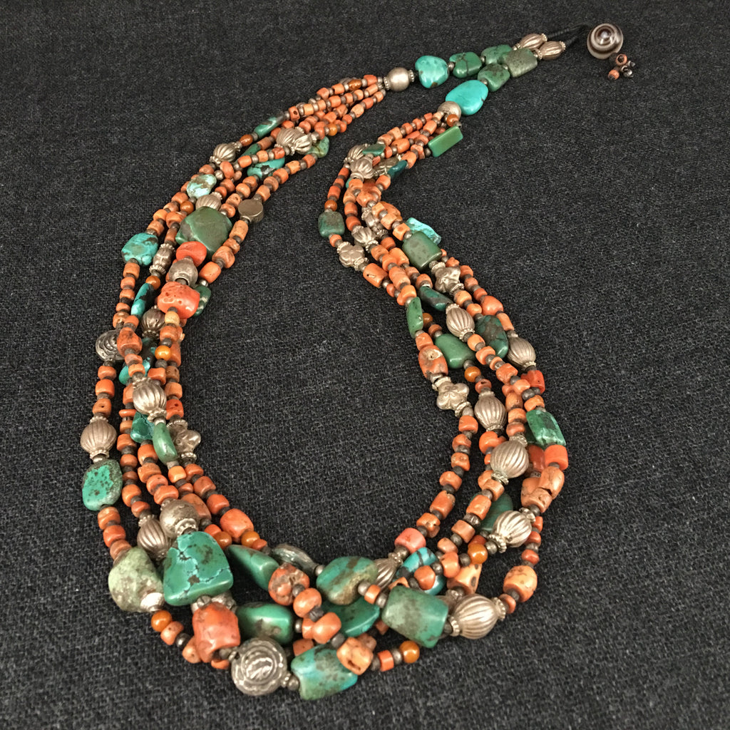 Handmade Tibetan Himalayan Coral and Turquoise Necklace Jewelry at Mahakala Fine Arts