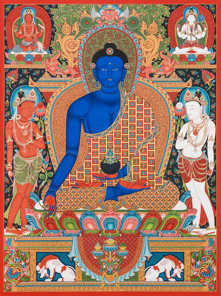 Medicine Buddha Buddhist thangka painting by Mukti Singh Thapa at Mahakala Fine Arts