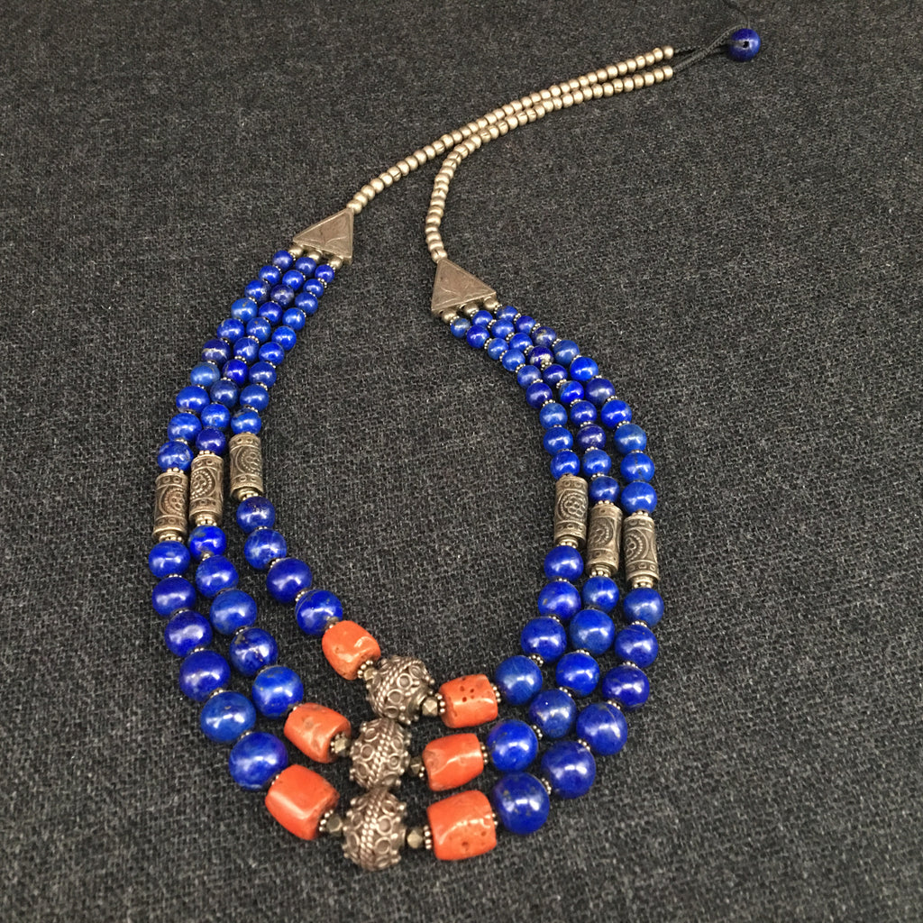 Antique Himalayan Lapis, Coral and Silver Necklace Jewelry at Mahakala Fine Arts