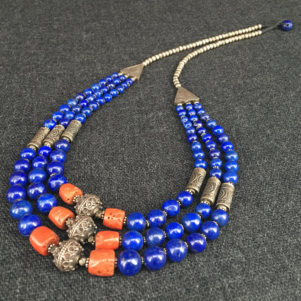 Antique Himalayan Lapis, Coral and Silver Necklace Jewelry at Mahakala Fine Arts