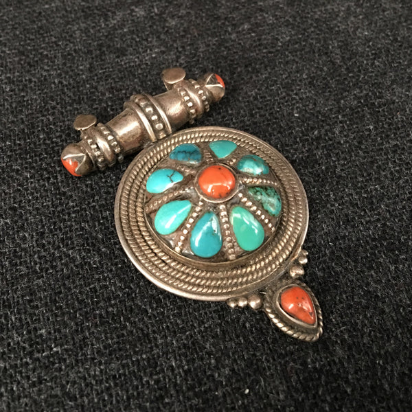 Antique Handmade Tibetan Turquoise, Coral and Silver Pendant  at Mahakala Fine Arts