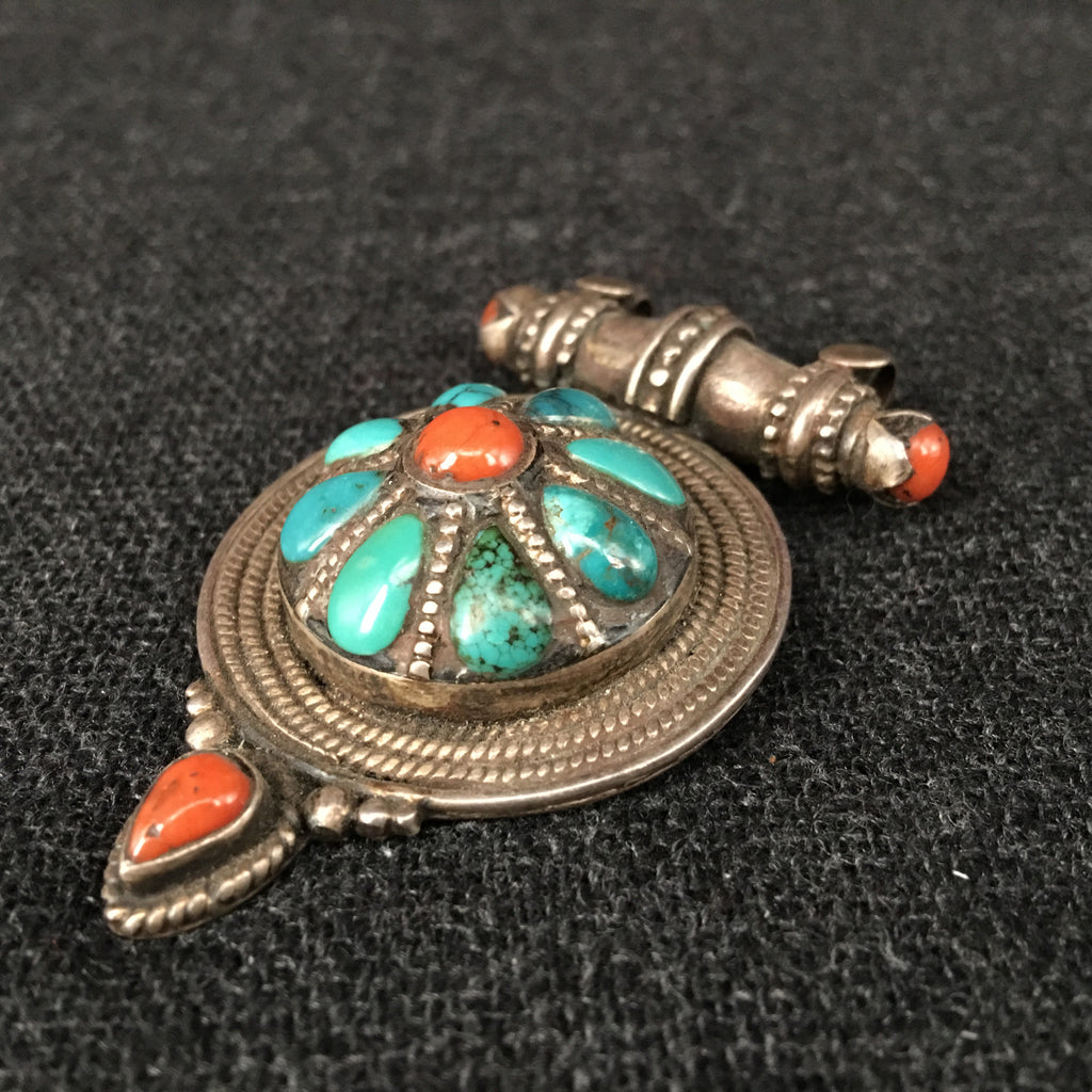 Antique Handmade Tibetan Turquoise, Coral and Silver Pendant  at Mahakala Fine Arts
