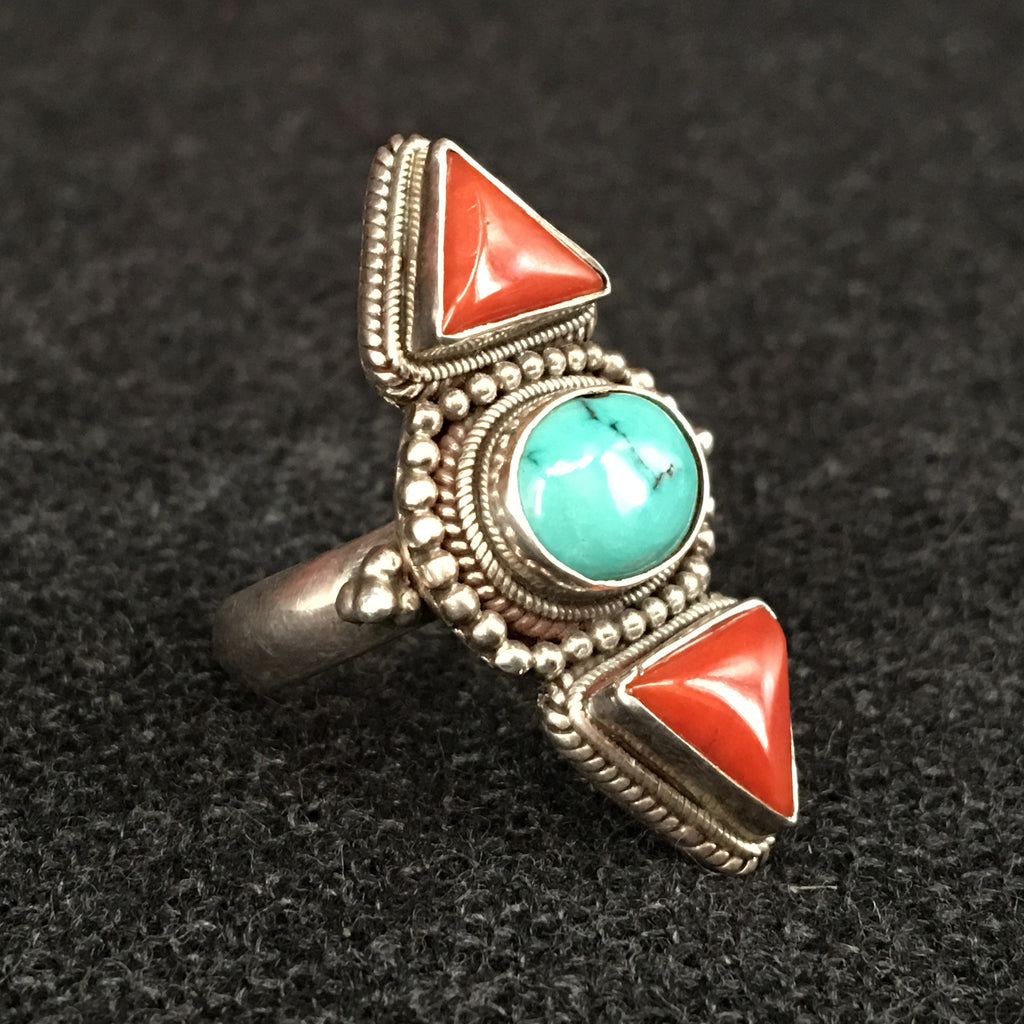 Handmade Himalayan Turquoise and Coral Ring Jewelry at Mahakala Fine Arts