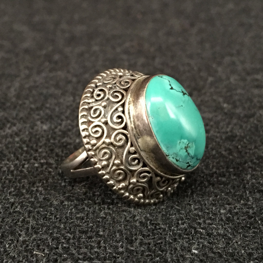 Handmade Himalayan Oval Turquoise & Silver Ring Jewelry at Mahakala Fine Arts