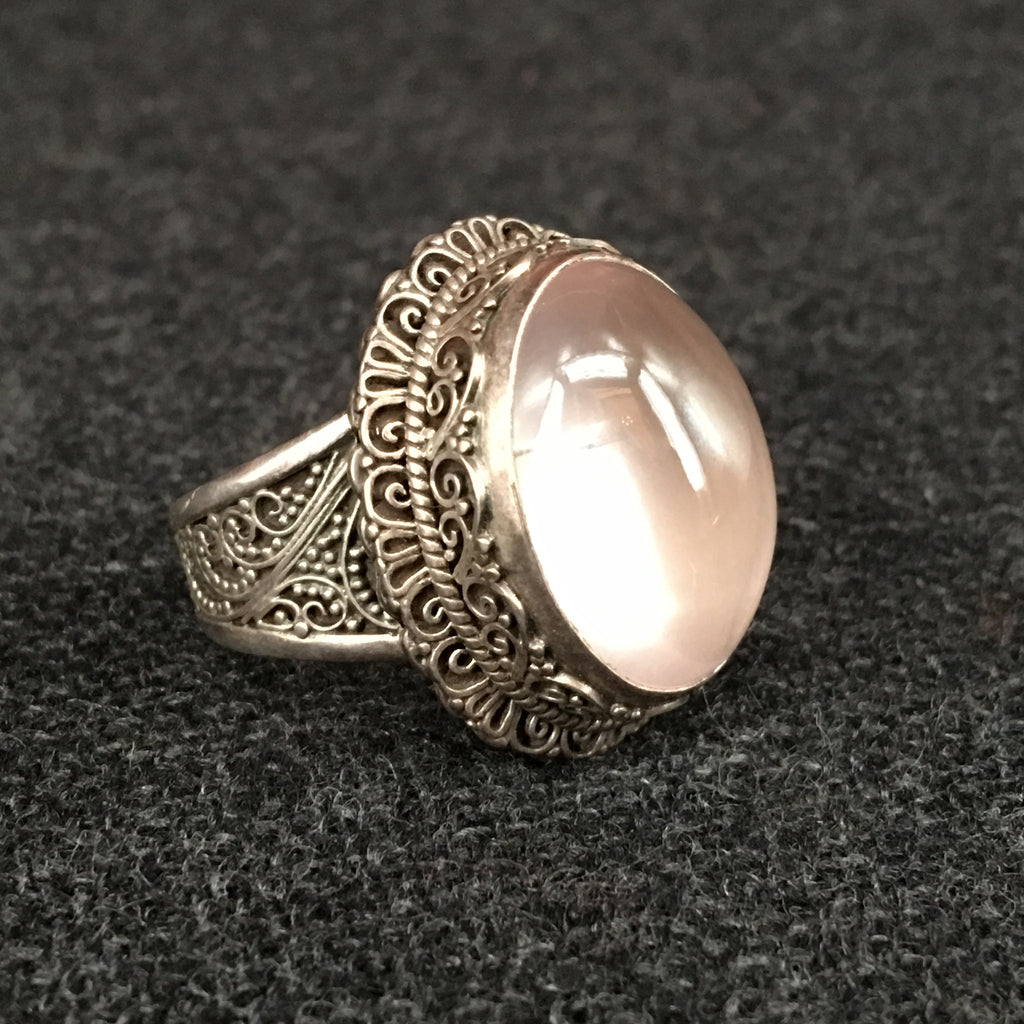 Elegant Handmade Himalayan Oval Pink Rose Crystal Ring Jewelry at Mahakala Fine Arts