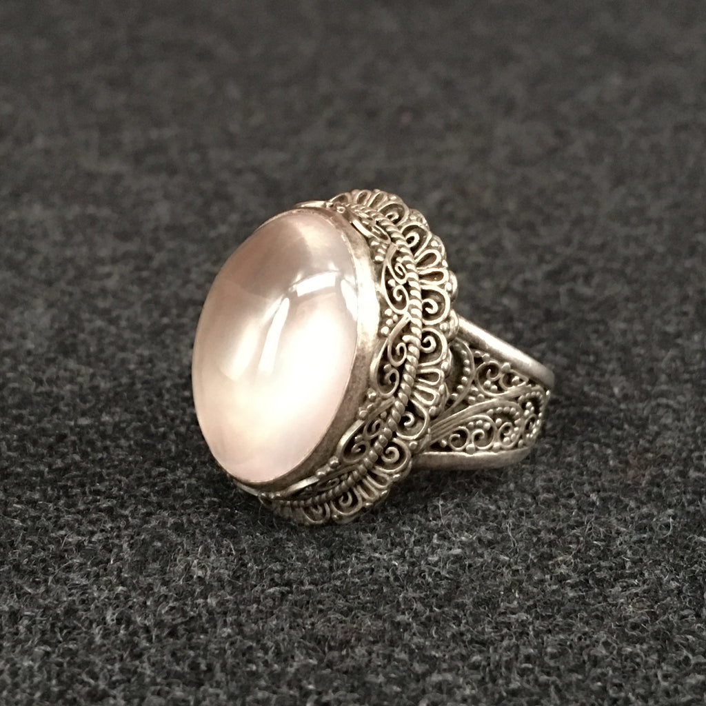 Elegant Handmade Himalayan Oval Pink Rose Crystal Ring Jewelry at Mahakala Fine Arts